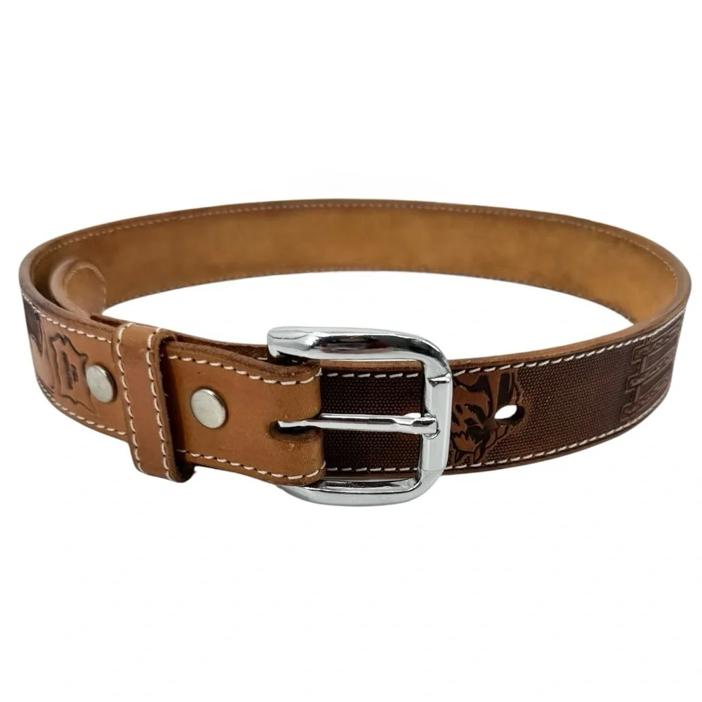 Vintage Western Boho Leather Belt with Stitched Detailing Brown Tan